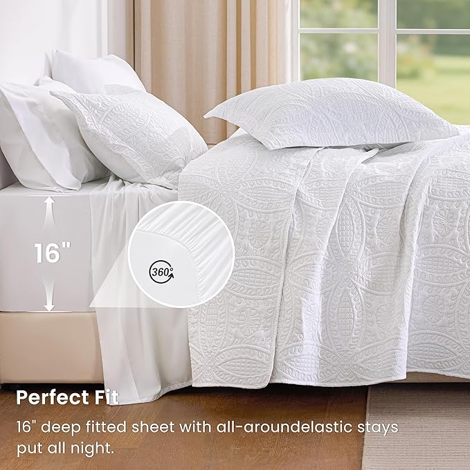 Love's cabin King Quilt Set White, Bed in a Bag King Size Bedding 7 Pieces, Ultrasonic Embossed Coin Pattern Comforter, Lightweight Bedspreads for All Seasons Quilt with Sheets, Pillowcases & Shams
