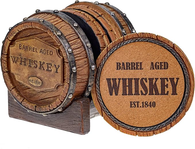 Pine Ridge 5pcs 1840 Aged Whiskey Barrel Drink Coaster Set with Holder - Rustic Bar Coasters for Whiskey Table & Bourbon Room - Unique Bar Accessories for Man Cave - Beer & Whiskey Glass Coaster