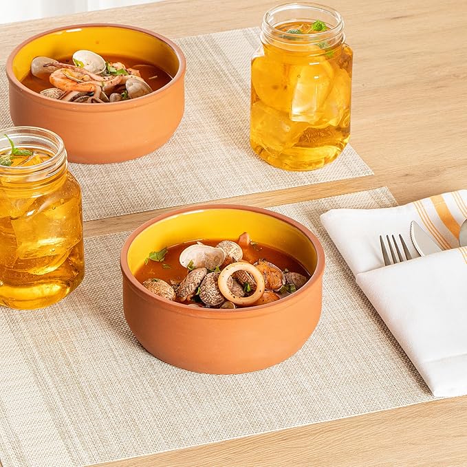 Restaurantware-Terra Tek 27.2 Ounce Terracotta Cazuelas, 2 Yellow Glazed Clay Pots For Cooking - Oven-Ready, Microwavable, Terracotta Serving Pots, Dishwashable, For Cooking And Serving