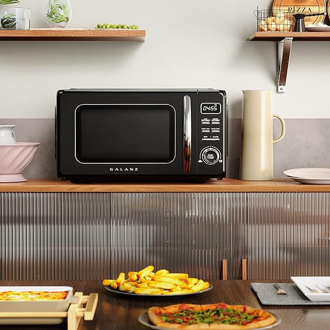 Galanz GLCMKZ11BKR10 Retro Countertop Microwave Oven with Auto Cook & Reheat, Defrost, Quick Start Functions, Easy Clean with Glass Turntable, Pull Handle, 1.1 cu ft, Black