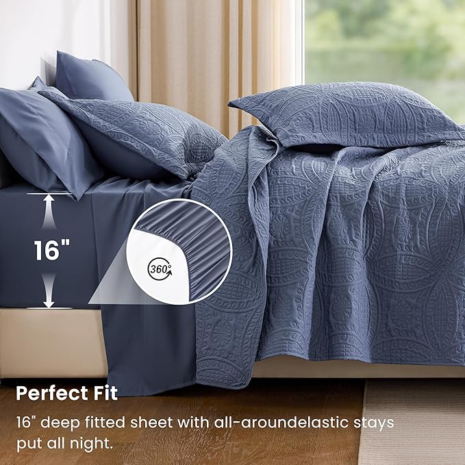 Love's cabin King Quilt Set Bluish Grey, Bed in a Bag King Size Bedding 7 Pcs, Ultrasonic Embossed Coin Pattern Comforter, Lightweight Bedspreads for All Seasons Quilt with Sheets, Pillowcases & Shams