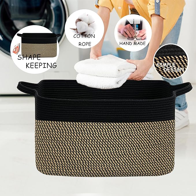 COMFY-HOMI Large Rectangular Blanket , Cotton Rope Woven for Storage, LaundryHamper, Storage ,Toy Organizing Bin with Handle, Organizer and Storage-22x15x12-Black/Jute