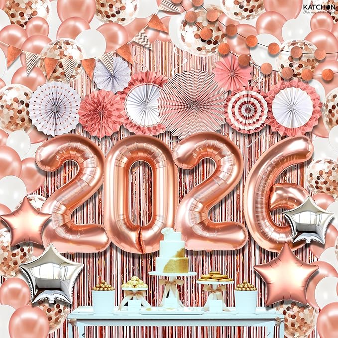 KatchOn, Rose Gold Birthday Decorations Set - Huge Pack of 145 | Rose Gold Fringe Backdrop, Balloons, Garland for Birthday Decorations, Graduation Decorations 2026 | Graduation Eve Party Supplies