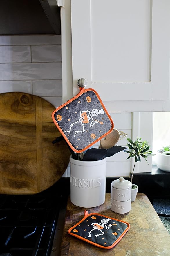 Pearhead Halloween Skeleton Chef Pot Holders Set of 2, Heat-Resistant Kitchen Hot Pads with Hanging Loops, Spooky Pumpkin Design for Cooking, Baking, Serving, and Festive Autumn Holiday Décor