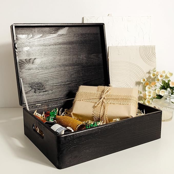 Creative Deco XL Black Wooden Box Storage with Hinged Lid | 15.8x11.8x5.5in (+-0.5) | Keepsake with Handles | Gift Box for Tool Dog Toy Kitchen Storage | Wood Chest Trunk