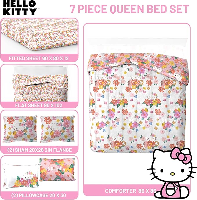 Jay Franco Hello Kitty Queen Size Comforter Set - 7 Piece Bedding Includes Sheet Set & Pillow Covers - Super Soft Floral Bedding