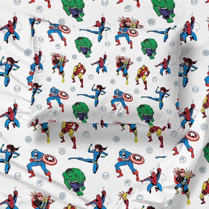 Jay Franco Kids Sheet Set with Fitted, Flat Sheets & Pillow Cover - Ultra-Soft Bedding with Pillowcase for Room Decor, White - Avengers, 4 Piece Full