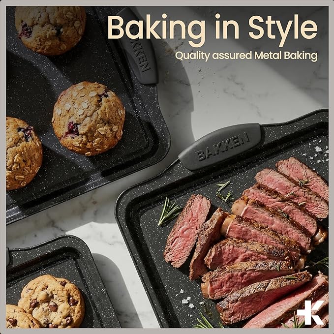 BAKKEN Cookie Sheets for Baking Nonstick Set - 3-Piece Stackable Carbon Steel Baking Sheet Pans Set with Silicone Handles, Non Toxic Cookie Sheets for Baking Bakeware Set - Gray Marble