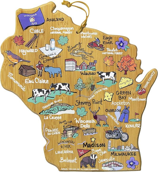 Totally Bamboo Wisconsin State Shaped Cutting Board and Charcuterie Serving Platter with Artwork by Fish Kiss, Includes Hang Tie for Wall Display