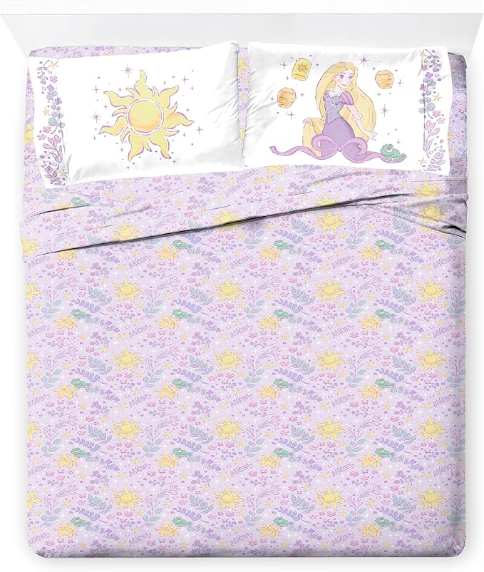 Jay Franco Kids Sheet Set with Fitted, Flat Sheets & Pillow Cover - Ultra-Soft Bedding with Pillowcase for Room Decor, Purple - Disney Princess Rapunzel, 4 Piece Queen