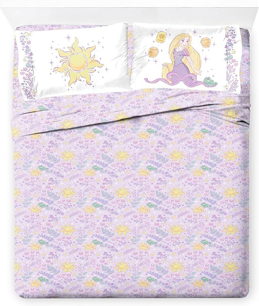 Jay Franco Kids Sheet Set with Fitted, Flat Sheets & Pillow Cover - Ultra-Soft Bedding with Pillowcase for Room Decor, Purple - Disney Princess Rapunzel, 4 Piece Queen