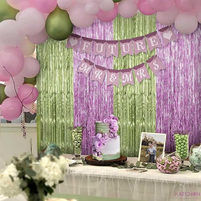 KatchOn, Sage Green & Pink Fringe Backdrop Curtain - Pack of 2 | Fringe Curtains for Boho Birthday Engagement Anniversary Baby Shower Bachelorette Decorations Sage Green and Pink Party Decorations
