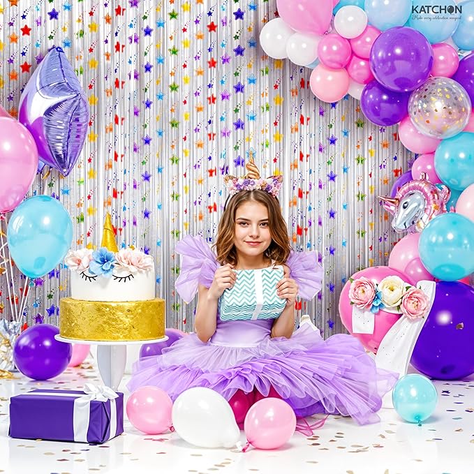 KatchOn, Star Silver Foil Fringe Curtains – Pack of 2 | Silver Fringe Backdrop for Birthday, Labor Day Decorations, Graduation Decorations 2026 | Star Streamers for Rainbow, Space Party Decoration
