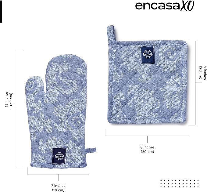 Encasa XO Heat Resistant 100% Cotton Oven Glove & Potholder Set with Loop, Kitchen Cooking Mittens, Microwave Safe Hot Pads (Floral Blue)