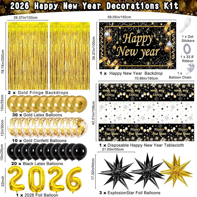 Happy New Year Decorations 2026, New Years Eve Party Supplies 2026 Black and Gold Happy New Year Banner Backdrop New Years Eve Decorations Tablecloth Foil 2026 Balloons for NYE Party Decor