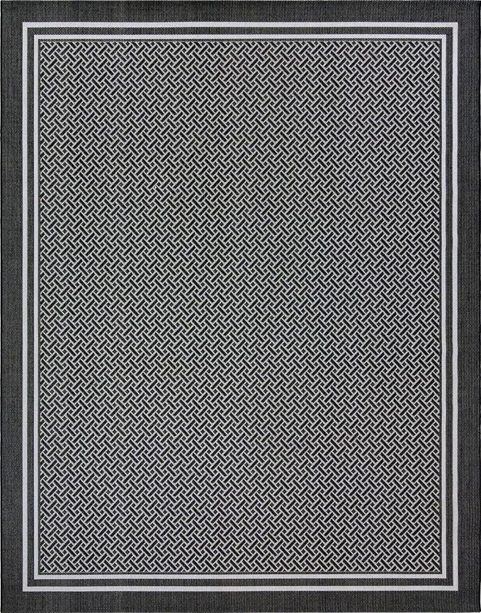 Gertmenian Indoor/Outdoor Flatweave Area Rug - 8x10 Large, Stain & UV Resistant, Ideal for Deck, Patio, Poolside, Mudroom - Border, Black and White, 22257
