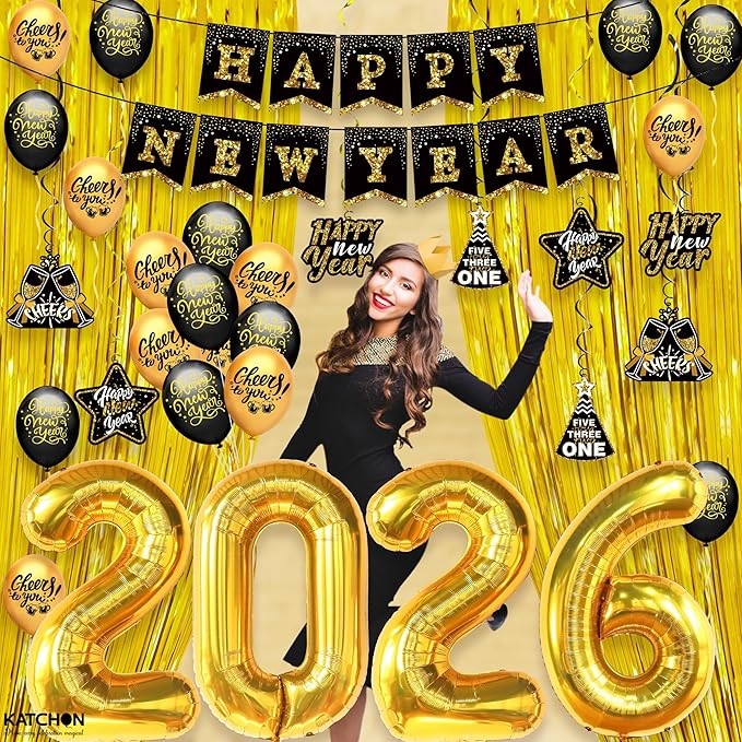 KatchOn, Huge New years Decorations 2026 Set - Pack of 35 | Gold Fringe, Black and Gold Happy New Year Banner, 2026 Balloon Numbers | New Year Foil Balloons, Swirls | New Years Eve Party Supplies 2026