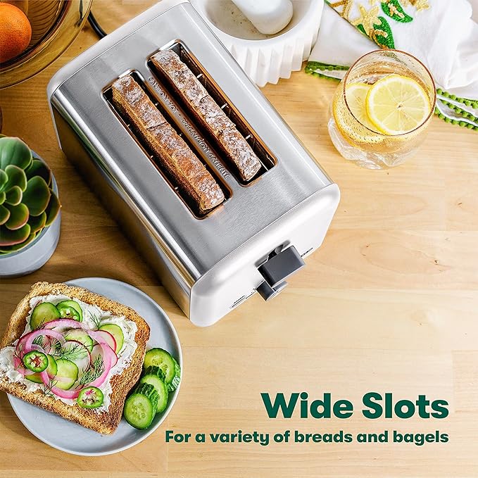 BELLA 2 Slice Toaster, Quick & Even Results Every Time, Wide Slots Fit Any Size Bread Like Bagels or Texas Toast, Drop-Down Crumb Tray for Easy Clean Up, Stainless Steel and White