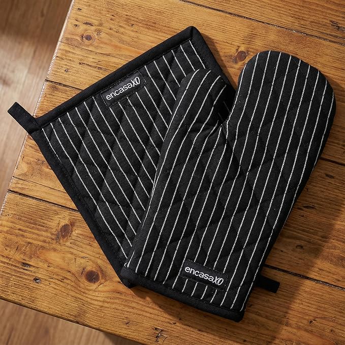 Encasa XO Heat Resistant 100% Cotton Oven Glove & Potholder Set with Loop, Kitchen Cooking Mittens, Microwave Safe Hot Pads (Butcher Stripes Black)