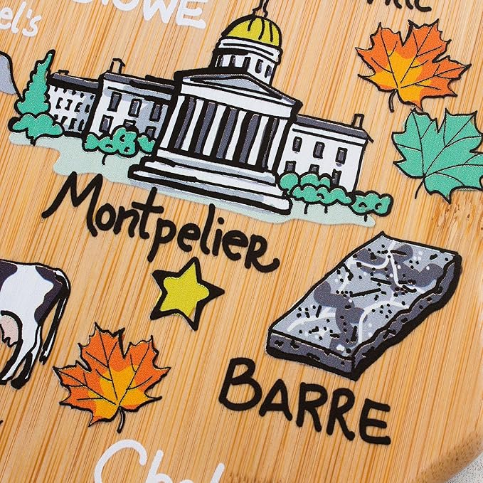 Totally Bamboo Vermont State Shaped Cutting Board and Charcuterie Serving Platter with Artwork by Fish Kiss, Includes Hang Tie for Wall Display