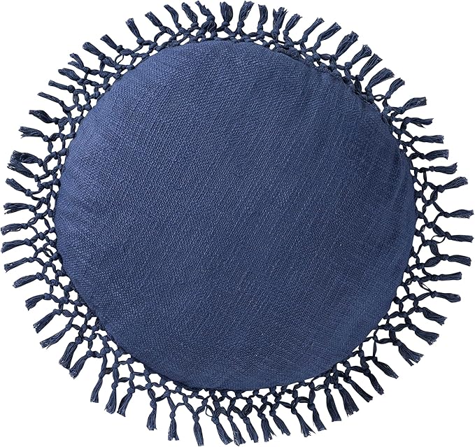 Indigo Ink Round Navy Blue Decorative Throw Pillow with Tassels - 20" x 20" | Cotton Throw Cushion for Couch, Chair, Bed | Cute Home Decor | Soft Plush Filling | Tufted Medallion Collection