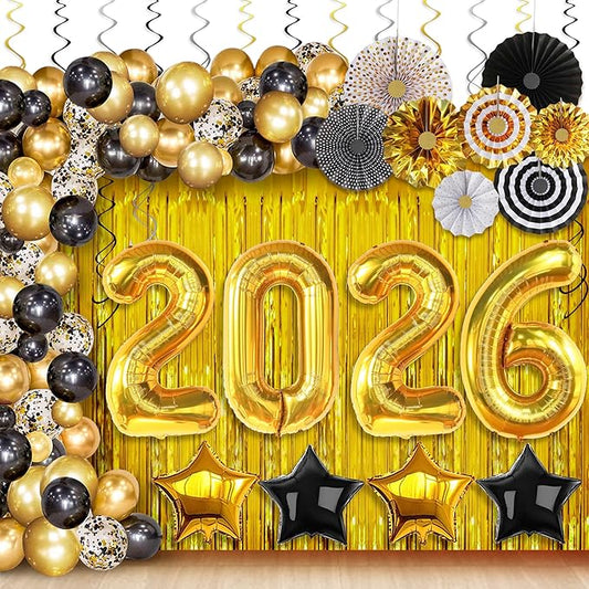 KatchOn, New Years Eve Party Supplies 2026 - Huge Set, Pack of 112 | Black and Gold 2026 Balloon Arch Kit with Gold Fringe Curtain Backdrop | Happy New Year Decorations 2026, NYE Decorations 2026