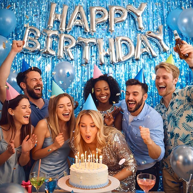 Blue Birthday Decorations - Blue Tinsel Streamers Backdrop Banner | Summer Party Favors Supplies Indoor Outdoor - Pool Party Decor for Beach Wedding Graduation Baby Shower,2 Pack