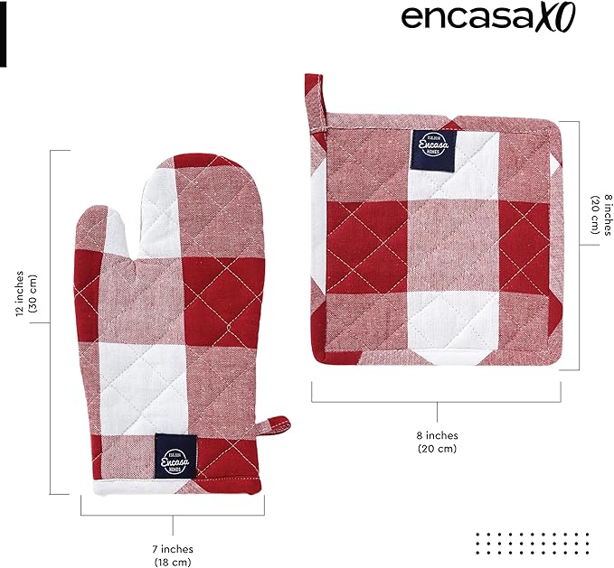 Encasa XO Heat Resistant 100% Cotton Oven Glove & Potholder Set with Loop, Kitchen Cooking Mittens, Microwave Safe Hot Pads (Buffalo Red Checks)