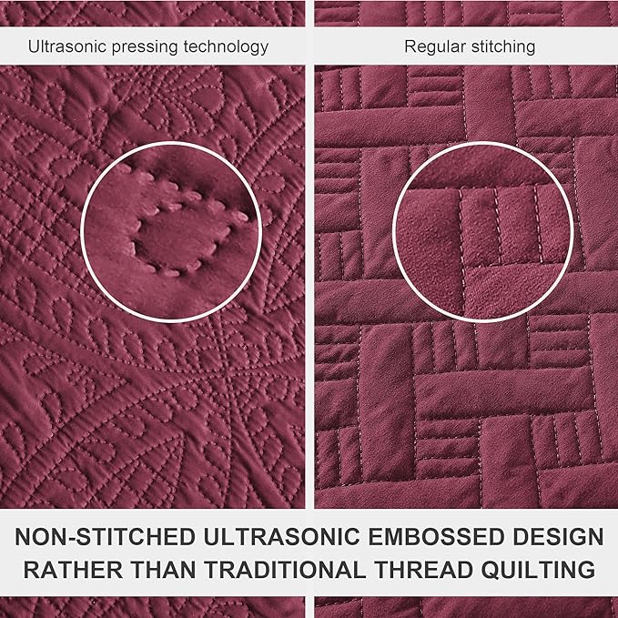 Love's cabin Oversized King Size Quilt Bedding Set Burgundy Bedspreads - Oversized King Lightweight Bedspread Comforter - Coin Pattern Coverlet for All Season - 3 Pieces (1 Quilt, 2 Pillow Shams)