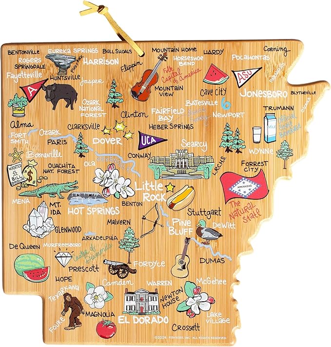 Totally Bamboo Arkansas State Shaped Cutting Board and Charcuterie Serving Platter with Artwork by Fish Kiss, Includes Hang Tie for Wall Display