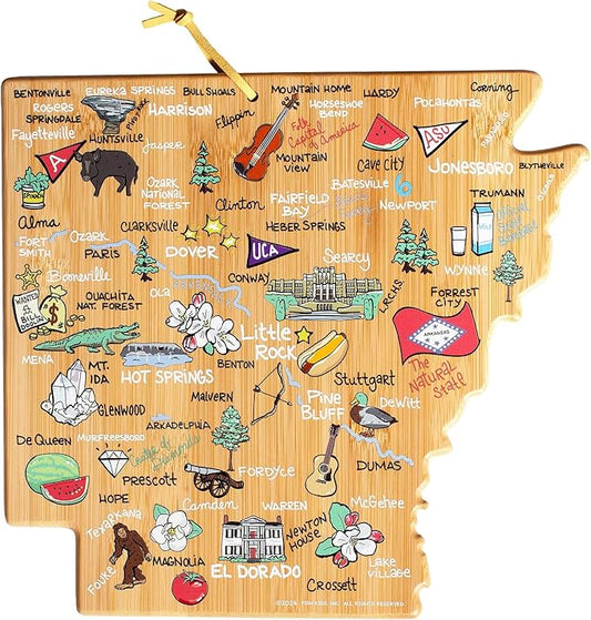 Totally Bamboo Arkansas State Shaped Cutting Board and Charcuterie Serving Platter with Artwork by Fish Kiss, Includes Hang Tie for Wall Display