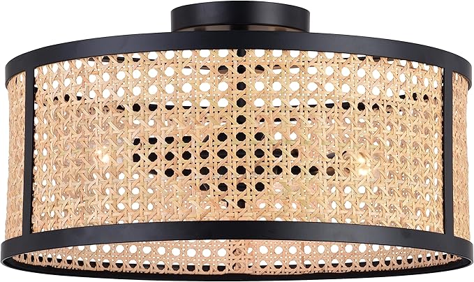 VAXCEL Berens 15.5-in W Matte Black Modern Farmhouse Drum Semi Flush Mount Ceiling Light with Rattan Cane Shade