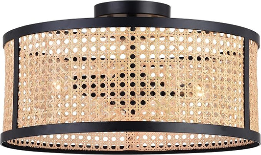 VAXCEL Berens 15.5-in W Matte Black Modern Farmhouse Drum Semi Flush Mount Ceiling Light with Rattan Cane Shade