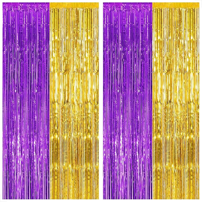 KatchOn, Purple and Gold Fringe Backdrop - 3.25 x 6.5 Feet, Pack of 2 | Purple and Gold Foil Fringe Curtain for Graduation Decorations 2026 | 2026 Graduation Party Decorations