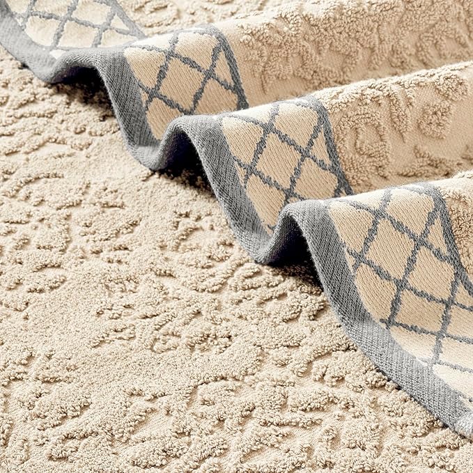 Modern Threads 6 Piece Cotton Bath Towel Set – Ultra Soft 550 GSM Towels – Bathroom Set with Hand Towels and Washcloths – Diamond Border (Ivory Cream)