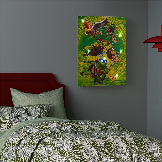 Teenage Mutant Ninja Turtles LED Wall Art for Kids,11.5x15.75 Inch Light-Up Canvas Décor with Hanging Hooks, Battery Operated Night Light for Toddlers & Children’s Bedrooms or Playrooms