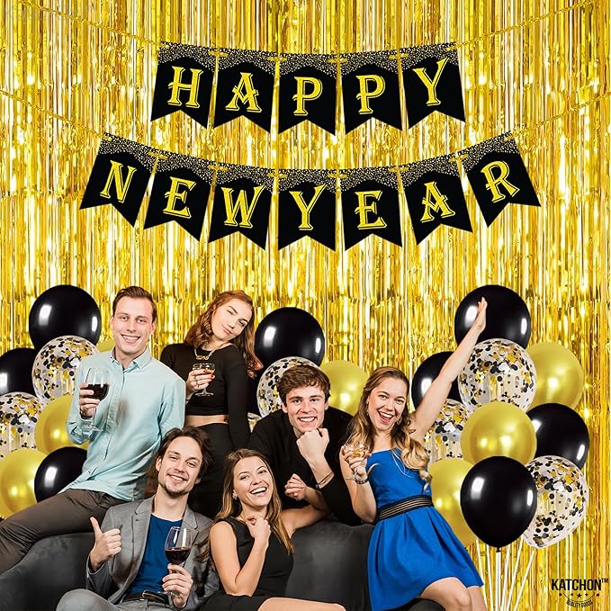 KatchOn, New Years Eve Party Supplies 2026 - Huge, Pack of 29 | Happy New Year Banner, Gold Fringe Backdrop Curtain, New Year Balloons Latex for New Years Decorations 2026 | Nye Decorations 2026