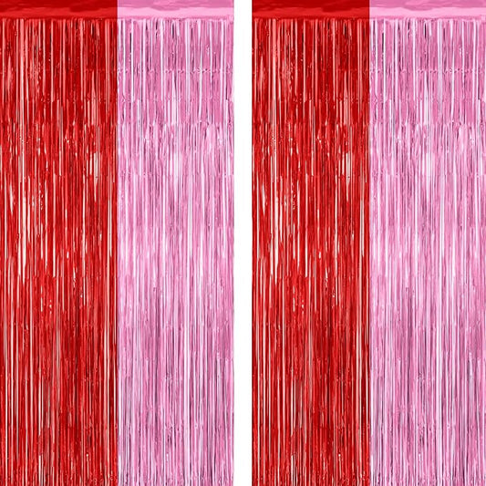2 Pack Backdrop Curtains, 3.28 Feet x 7.05 Feet Red Pink Backdrop, Metallic Fringe Curtains Tinsel Backdrop Party Streamer, Babie Backdrop Valentines Day Happy Birthday Party Supplies Decorations