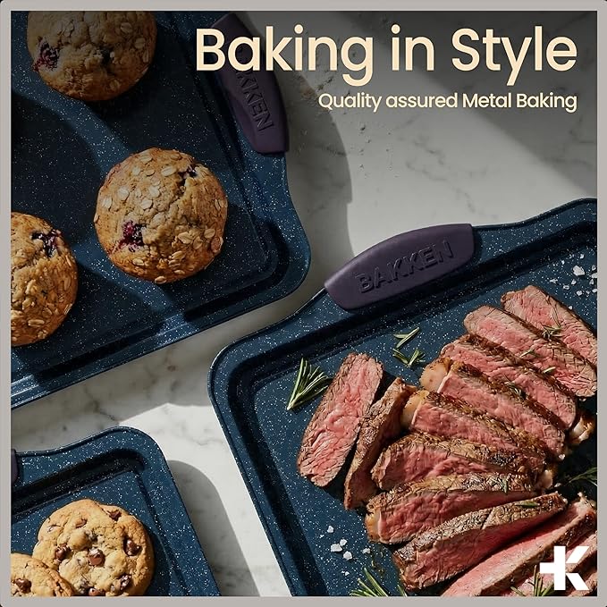 BAKKEN Kitchen Baking Pan Set - Nonstick Coating, Carbon Steel Bakeware Sets with Blue Silicone Handles, Baking Kitchen Essentials, PFOA, PFOS, PTFE Free, Oven Safe Tray (Up To 450° F), Set of 3