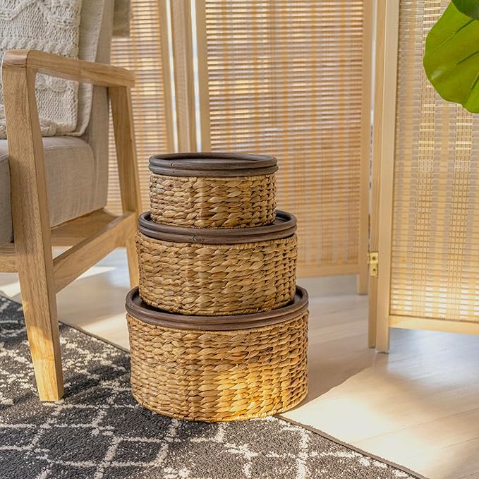 happimess BSK1004A-3SET Gouda Southwestern Hand-Woven Hyacinth Circular Nesting Wicker Storage Baskets with Wood Lids, Seagrass Container for Decoration in Bathroom, Bedroom, Closet,Natural (Set of 3)