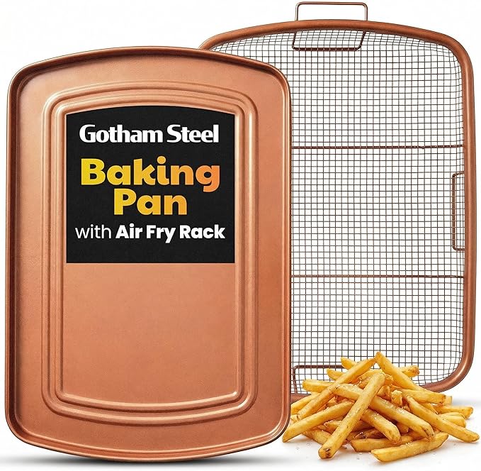 Gotham Steel Baking Sheet with Air Fry Rack, 16.5” x 12.5”, 2 Pc Multipurpose Air Fryer Tray and Cookie Sheet Pan for Oven, Use as Cooling Wire Rack, for Cooking, Pizza, Bacon, Dishwasher Safe