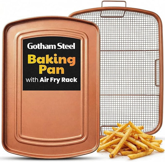 Gotham Steel Baking Sheet with Air Fry Rack, 16.5” x 12.5”, 2 Pc Multipurpose Air Fryer Tray and Cookie Sheet Pan for Oven, Use as Cooling Wire Rack, for Cooking, Pizza, Bacon, Dishwasher Safe