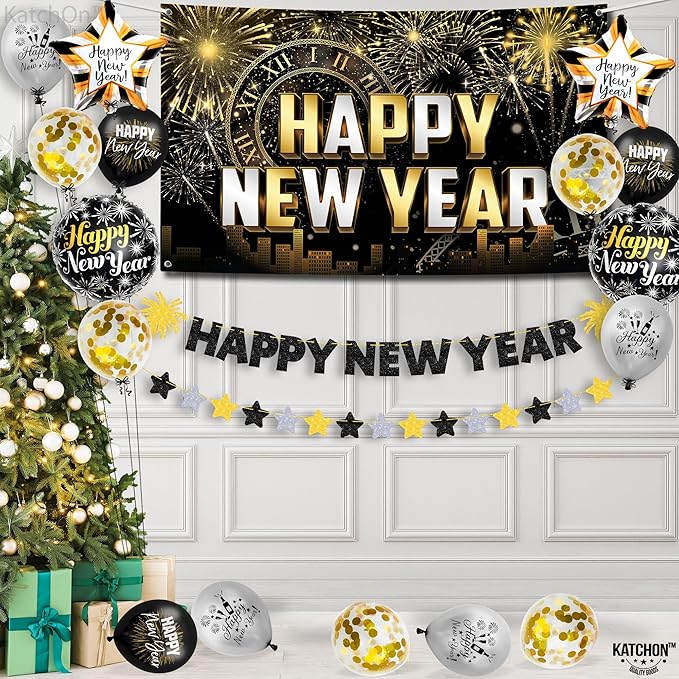 KatchOn, New Years Eve Party Supplies 2026 Set - Big, Pack of 21 | Black and Gold Happy New Year Banner, 2026 Balloon Numbers, New Year Foil Balloons | NYE Decorations 2026, New Years Decorations 2026