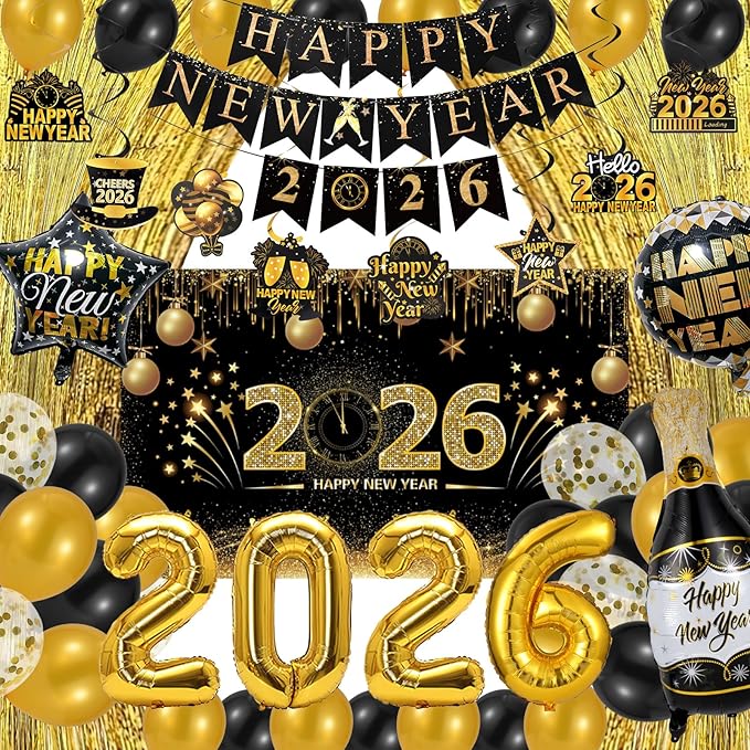 New Years Eve Party Supplies 2026, New Years Decorations Backdrop Banner 2026 Balloons Fringe Curtains Foil Balloons Swirls for NYE Party Backdrop Decor