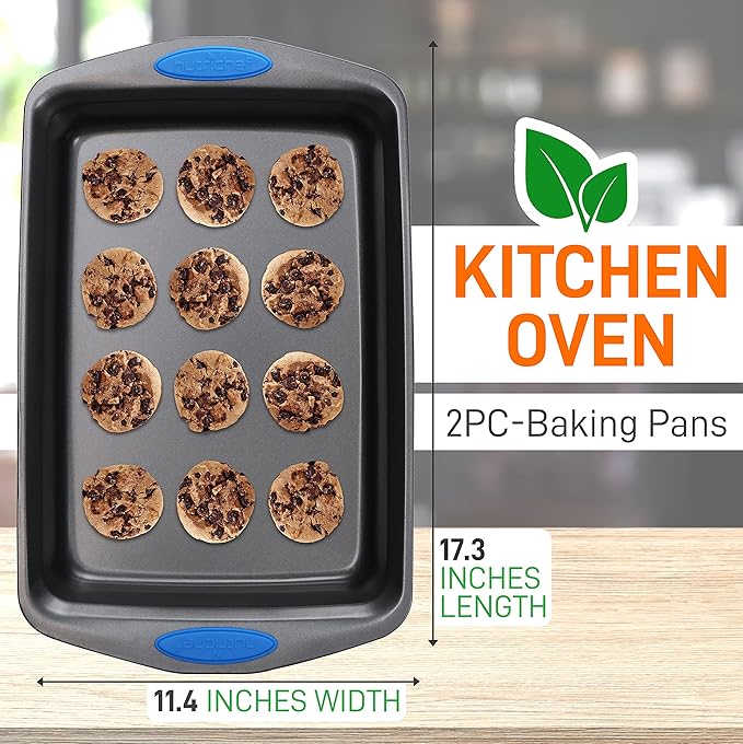 NutriChef 2-Piece Baking Pan Set - Premium Non-Stick Coating Carbon Steel Bakeware w/ Silicone Handles - PFOA, PFOS, PTFE Free Kitchen Oven Bake Tray, Cookie Sheets - Dark Gray, 17.3"x11.4"x1.2"