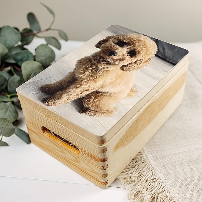 Creative Deco Personalized Wooden Storage Box Photo Box | 11.8x7.87x5.51in (+-0.5) | Hinged Lid, Handles & Engraving | Photo or Logo | Unpainted Gift Box | UNSANDED Keepsake Memory Souvenir Chest
