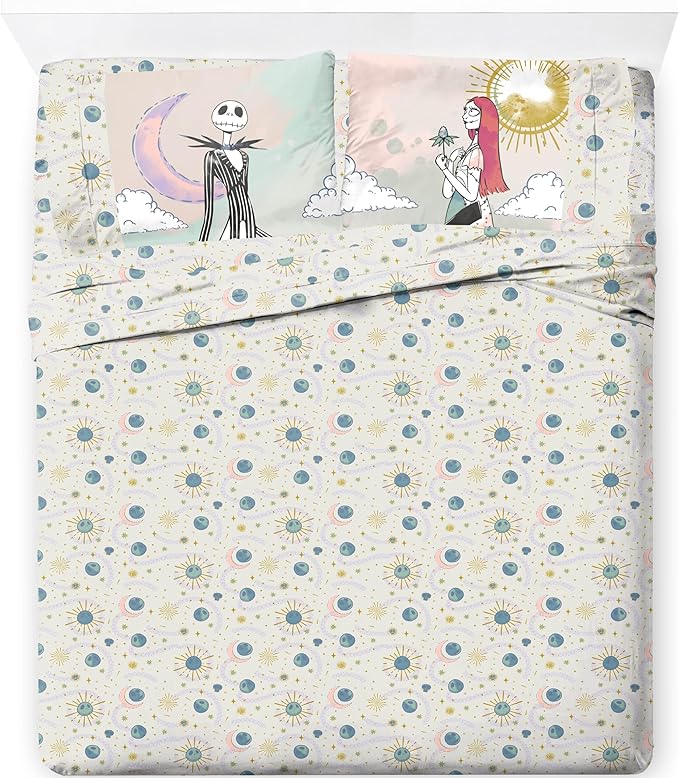 Jay Franco Sheet Set with Fitted, Flat Sheets & Pillow Cover - Ultra-Soft Bedding with Pillowcase for Room Decor, Beige - Nightmare Before Christmas, 4 Piece Full