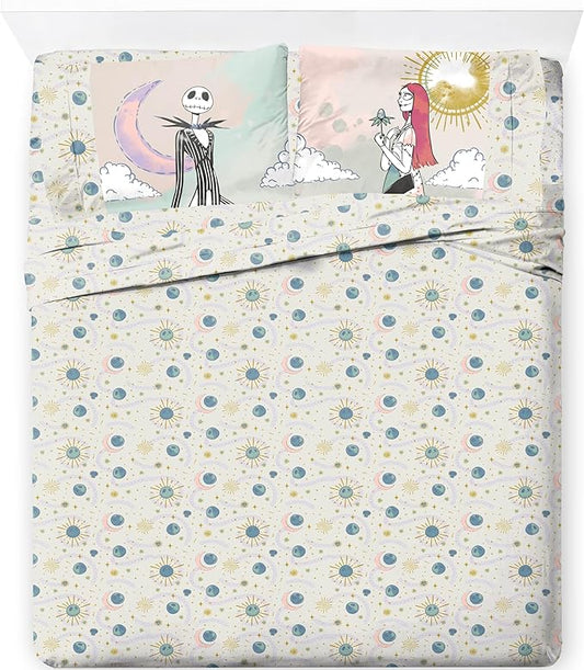 Jay Franco Sheet Set with Fitted, Flat Sheets & Pillow Cover - Ultra-Soft Bedding with Pillowcase for Room Decor, Beige - Nightmare Before Christmas, 4 Piece Full