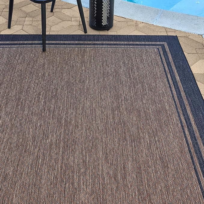 Gertmenian Indoor/Outdoor Flatweave Area Rug - 8x10 Large, Stain & UV Resistant, Ideal For Deck, Patio, Poolside, Mudroom - Simple Border, Black, 21359