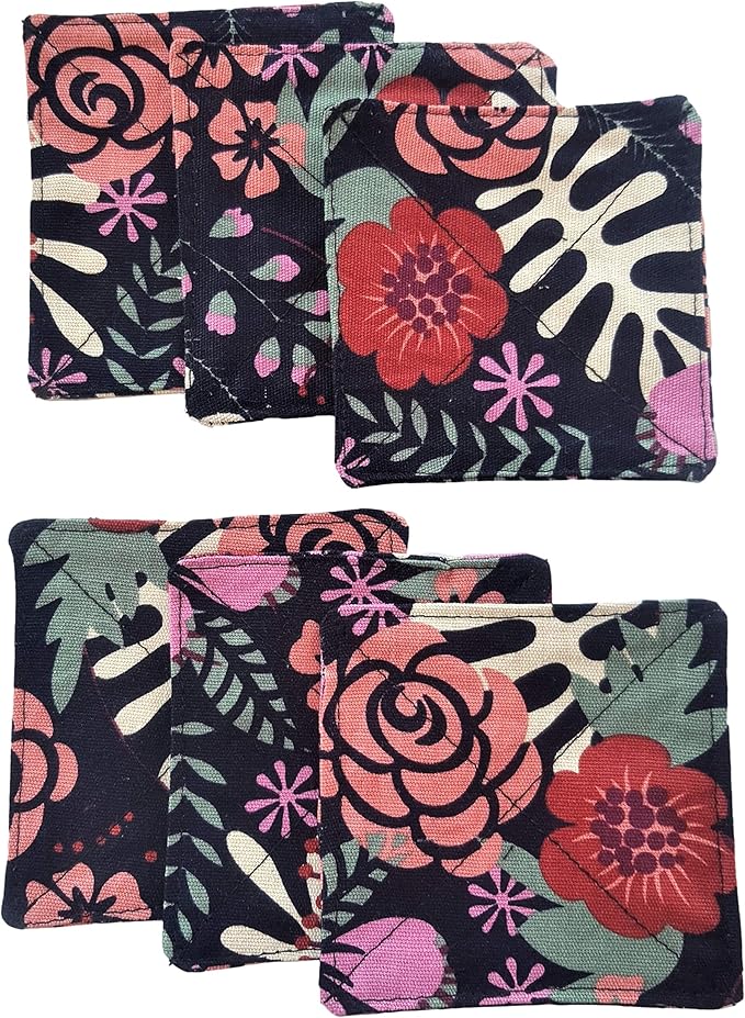CUSHYSTORE Canvas 2 Layers Coasters Saucers Absorbant Mat Pad Floral Botanical Style Fabric for Glass Cup Drinking 4inche, 6 Pack (Navy Exotic Flowers), Navy Blue
